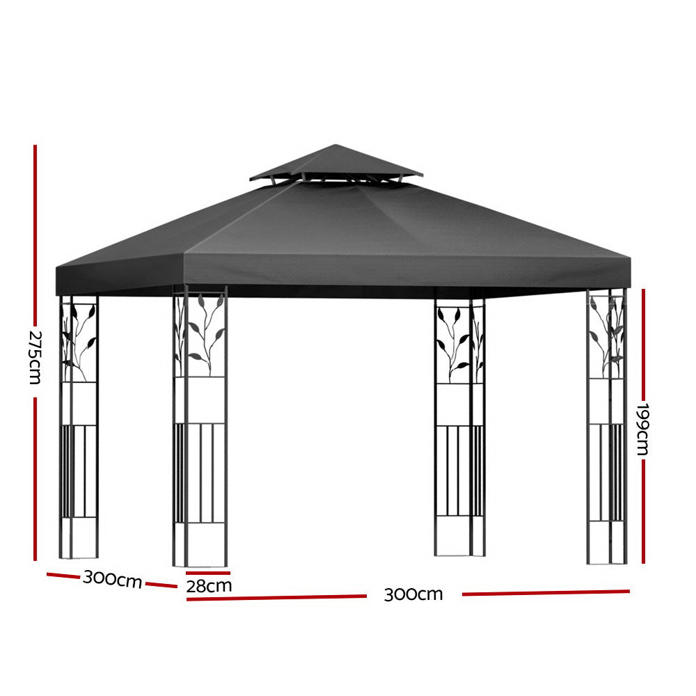 Front view of grey 3 x 3 m gazebo showing ornate iron art corner detailing