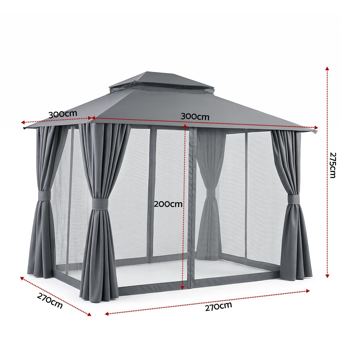 Gazebo with mosquito mesh walls zipped closed around the frame