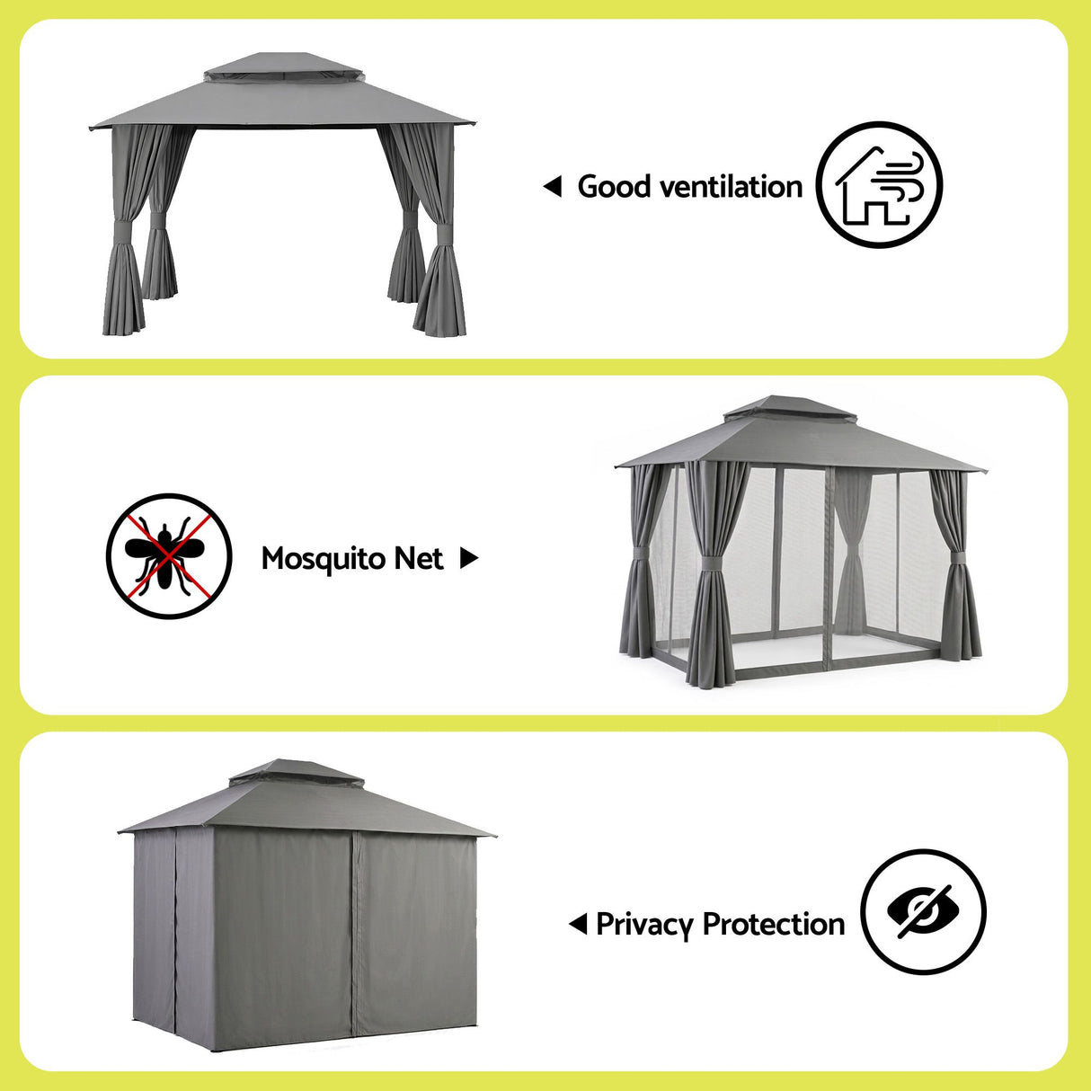 Outdoor dining setting sheltered under the grey 3 x 3 m gazebo