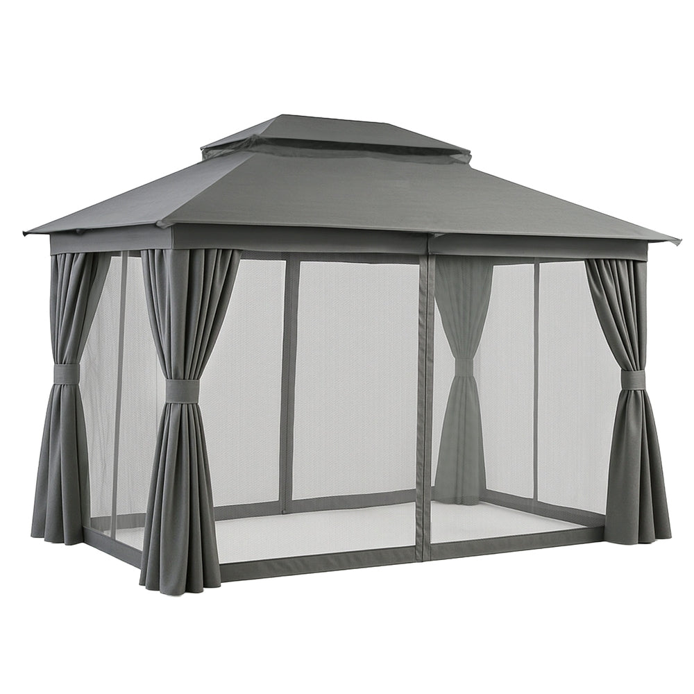Grey 3 x 4 m patio gazebo with double roof and curtains set up in a garden