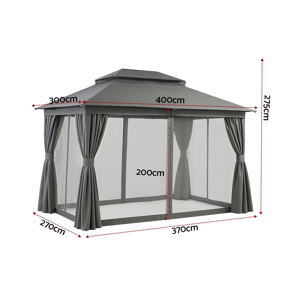 Grey gazebo with mosquito mesh walls zipped closed around the steel frame