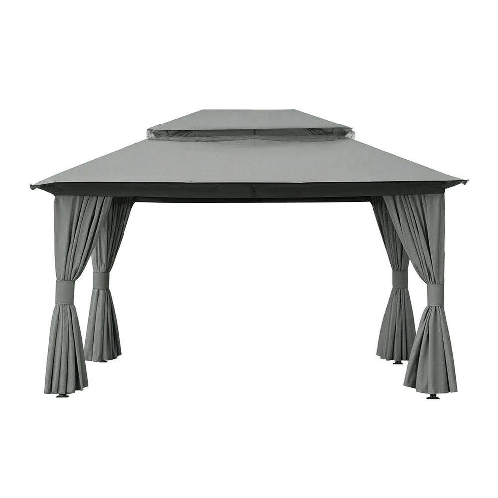 Grey gazebo with curtains drawn back showing the shaded interior