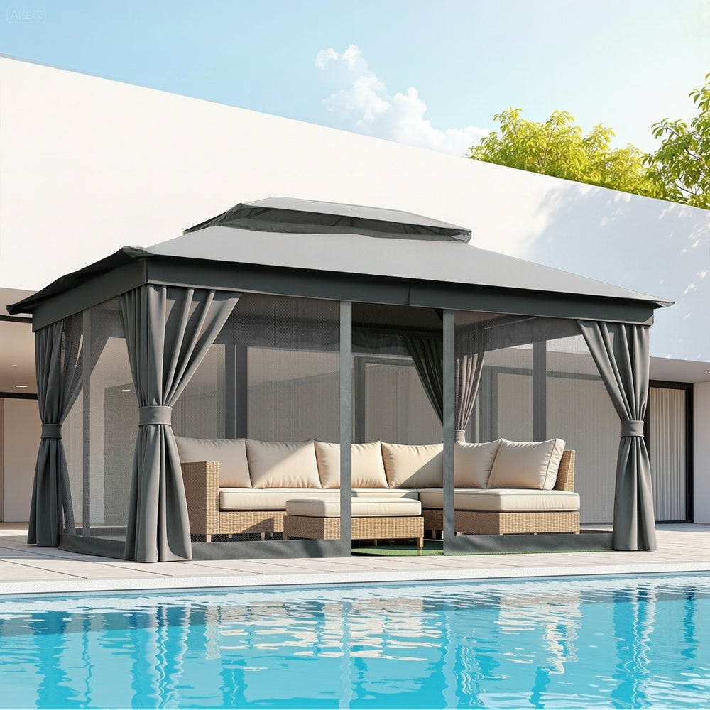 Grey gazebo shading an outdoor lounge and dining area on a deck