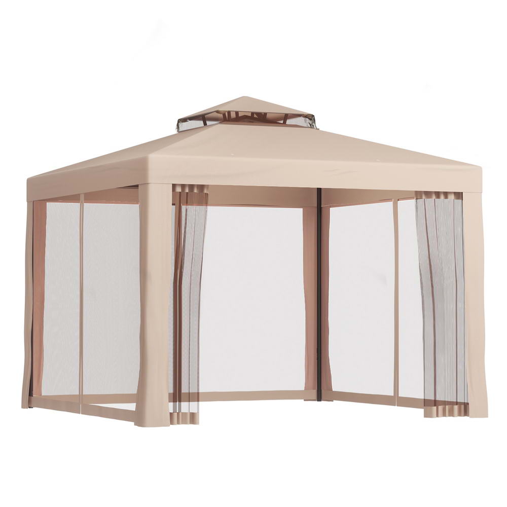 Brown 3 x 3 m outdoor party gazebo with mesh walls shown in full