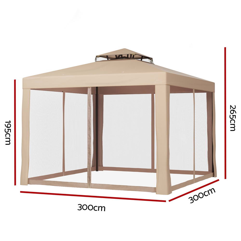 Angled view of the brown 3 x 3 m mesh wall gazebo and its roof