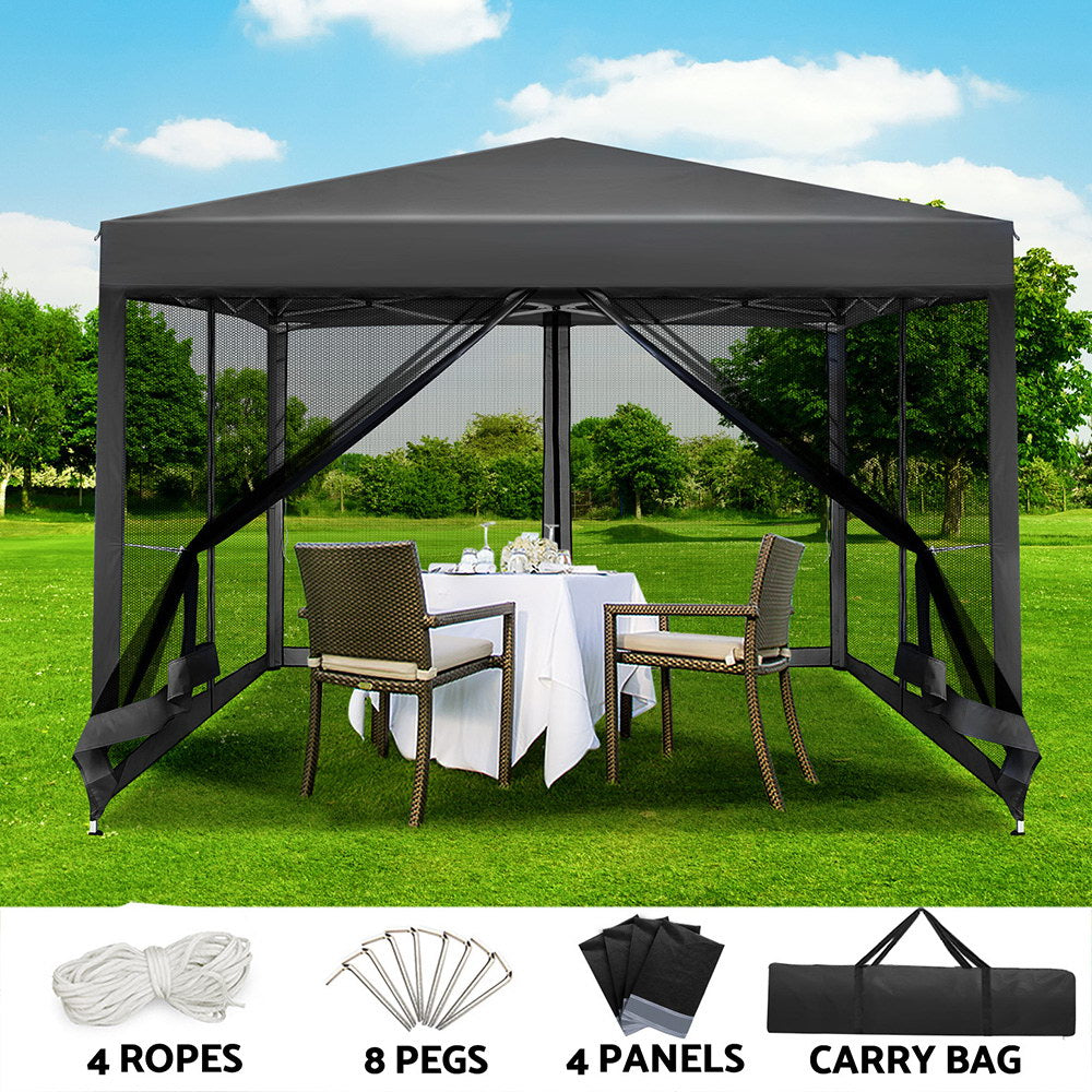 Grey 3 x 3 m pop up gazebo set up on grass with all four mesh walls zipped closed