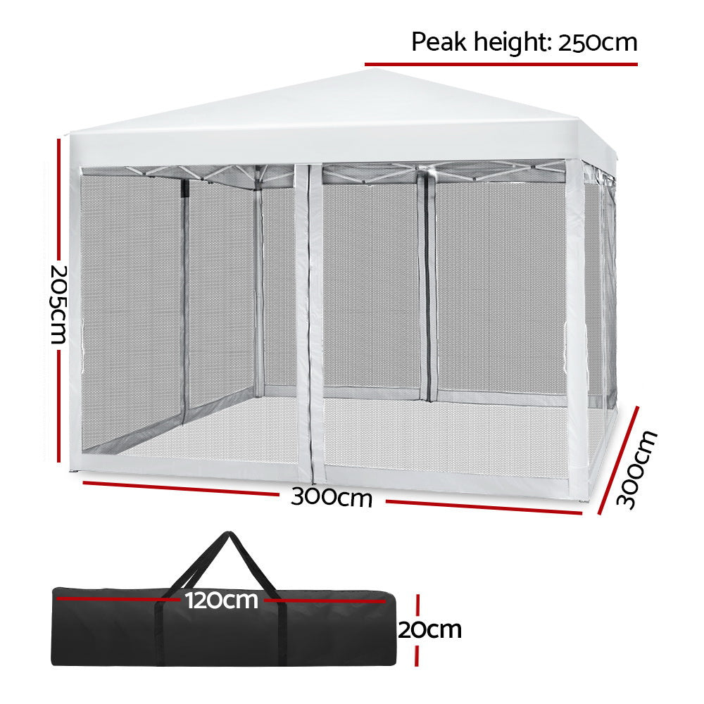 White pop up marquee with open sides showing the steel frame and peaked canopy
