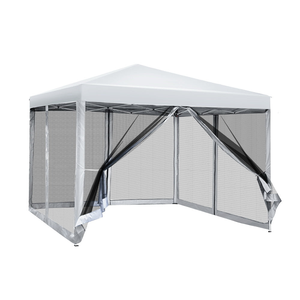 White 3 x 3 m marquee party tent with mesh walls viewed from the front corner
