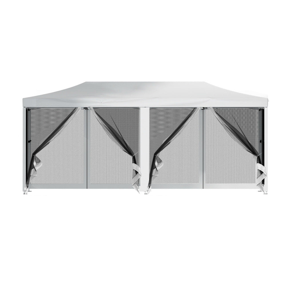 Close up of the zipped mesh side wall panel on the white 3 x 6 m gazebo