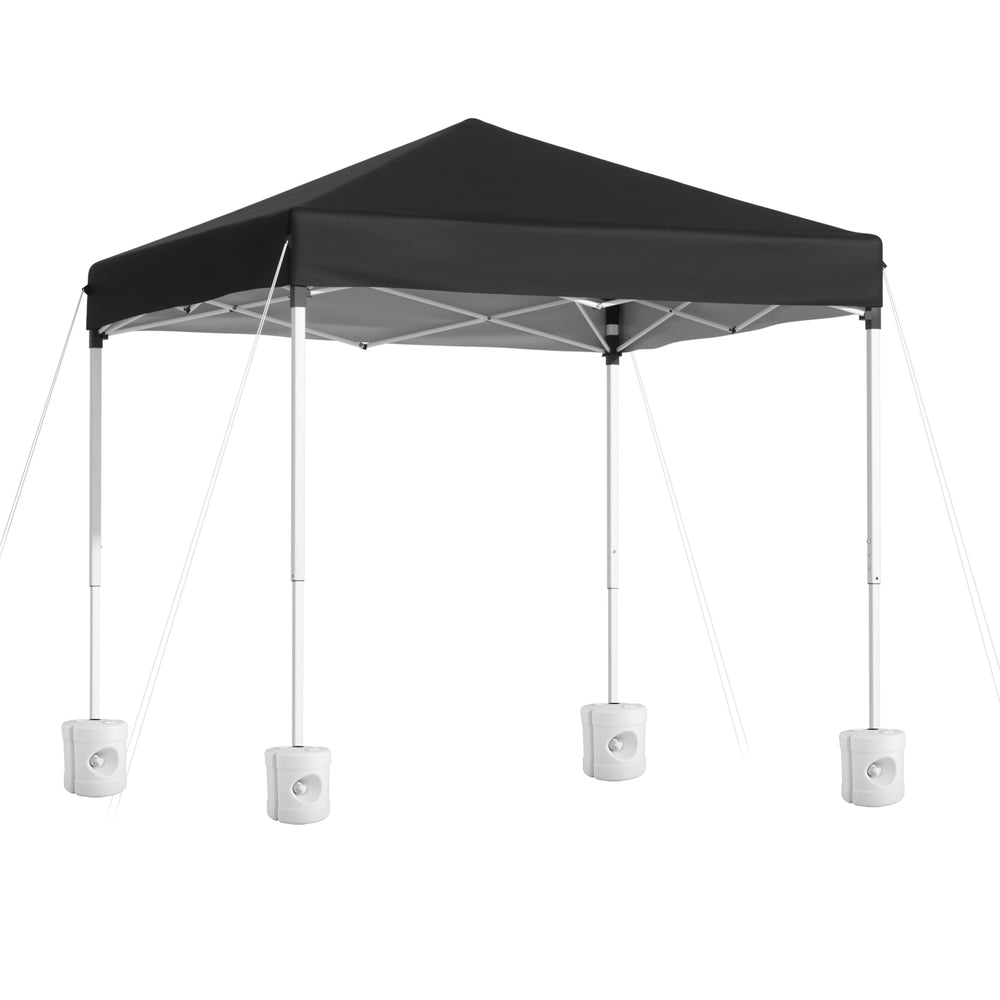 Black 2 x 2 m pop up gazebo with four white base pods on the legs