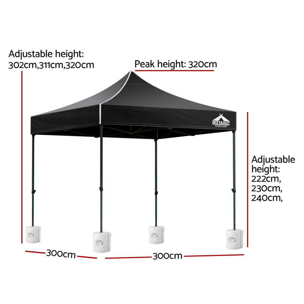 Angled view of the black gazebo showing the powder coated steel frame and legs