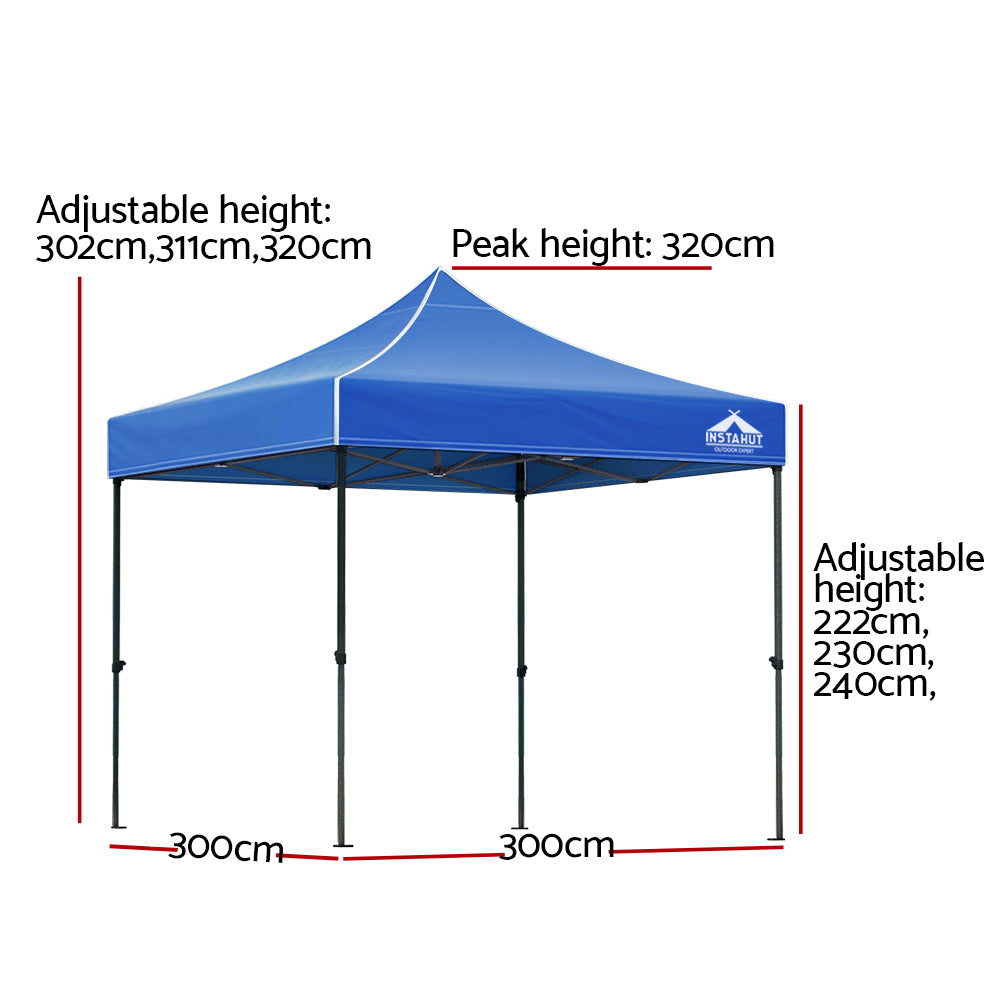 Front view of the blue pop up gazebo canopy and steel legs
