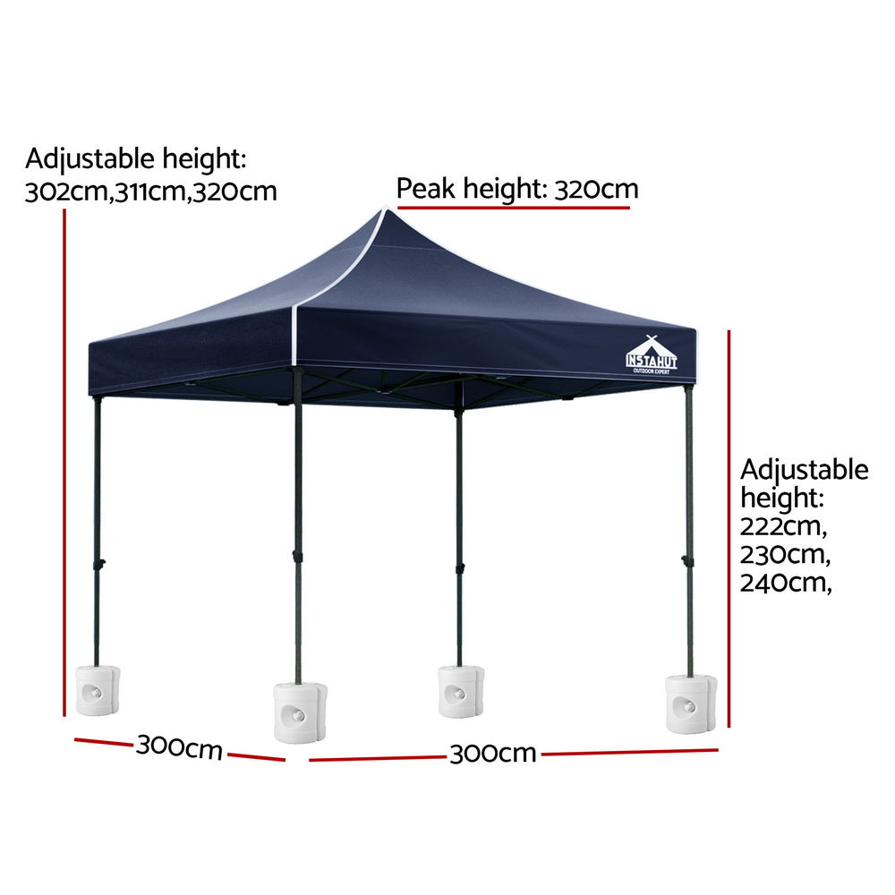 Angled view of the navy gazebo showing the powder coated steel frame and legs