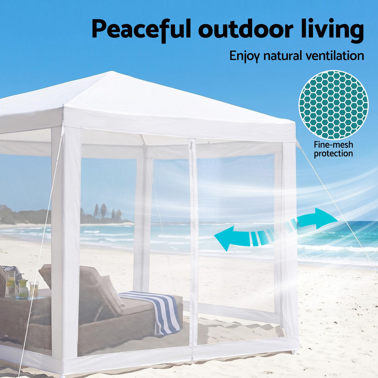 Interior of the hexagonal gazebo showing the steel roof frame and 2.5 m centre height