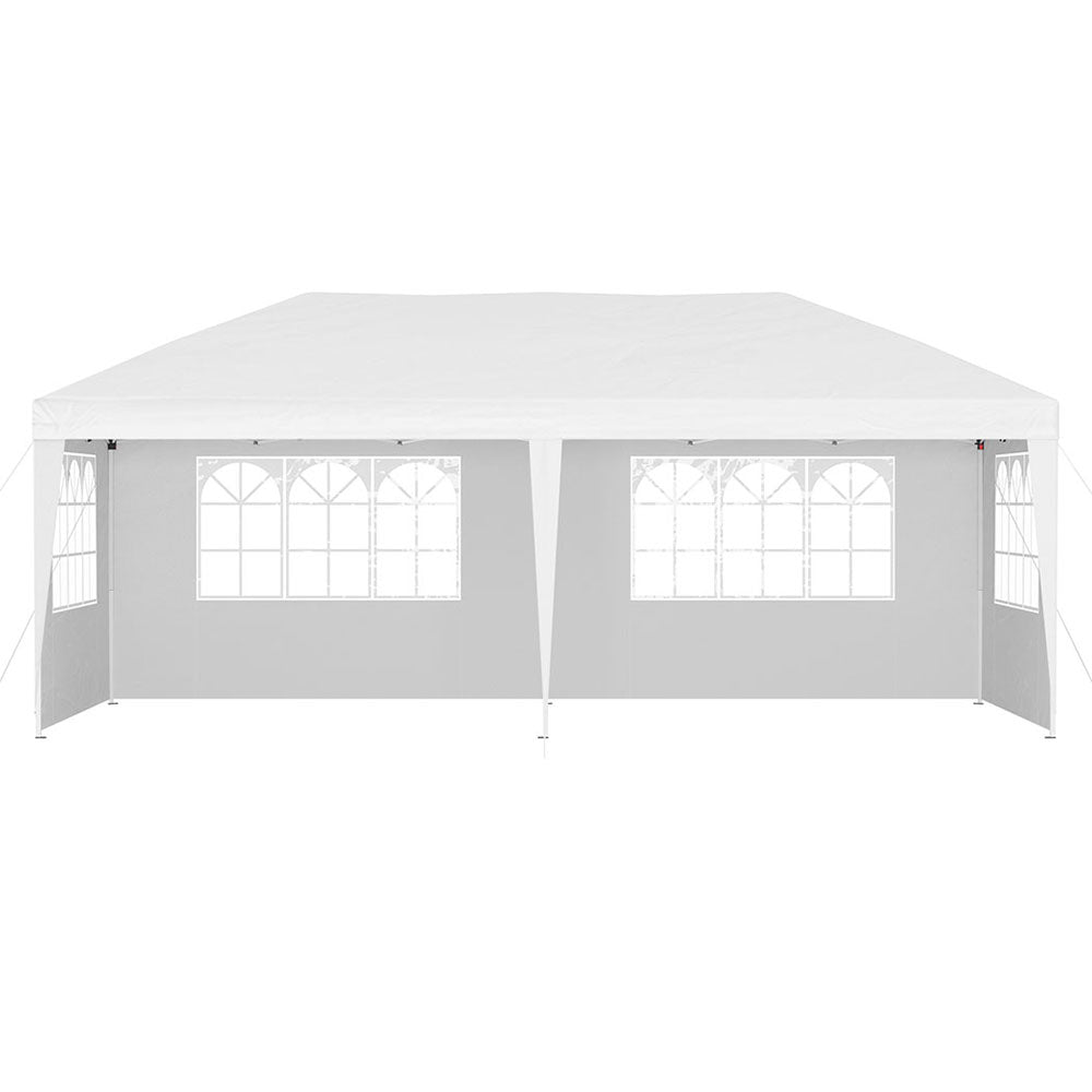 Close up of a removable side wall panel and its window on the white gazebo