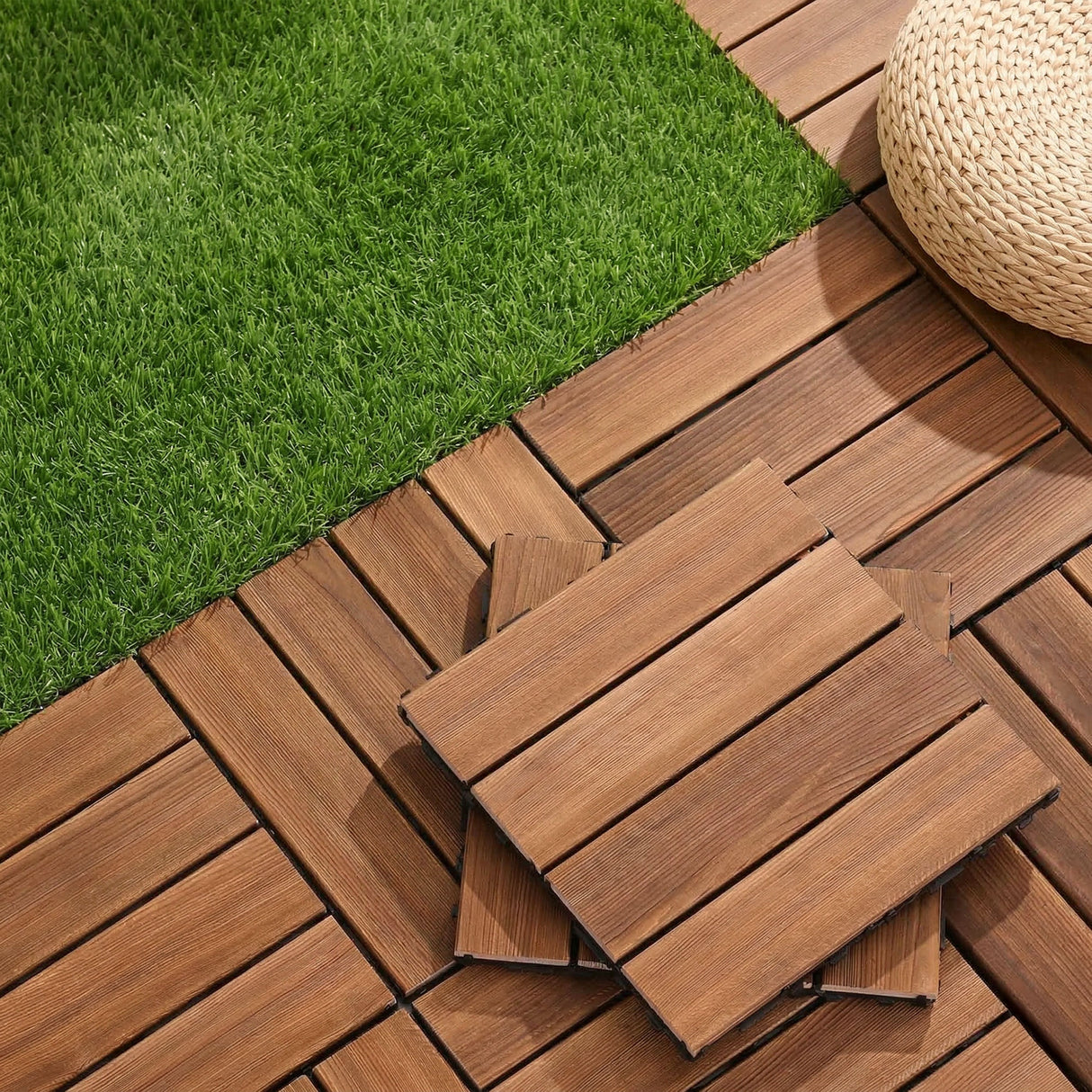 Ronda pine wood interlocking deck tiles on an outdoor patio