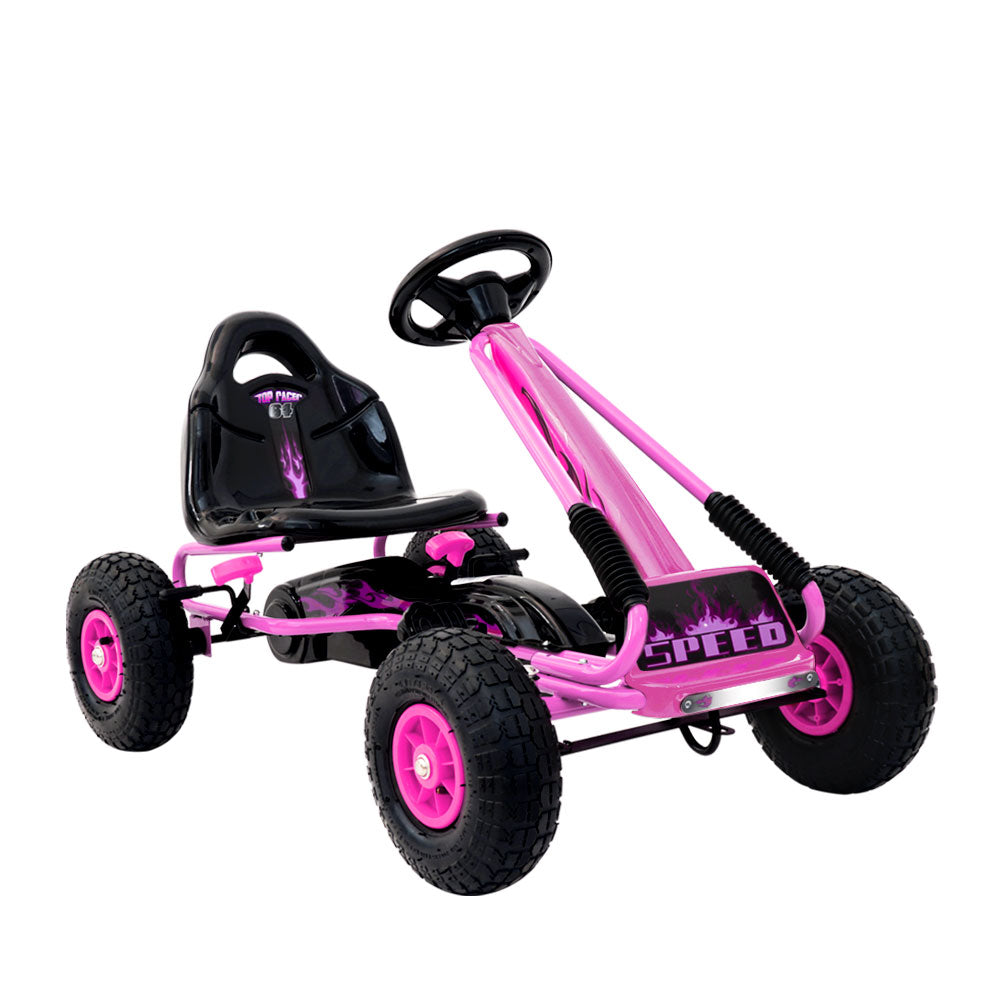 Pink racing style pedal go kart for kids with rubber tyres