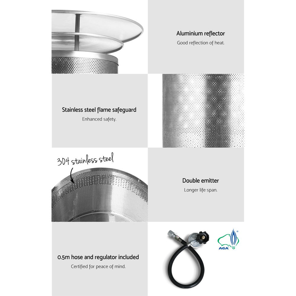 Stainless steel carry handle on the compact freestanding patio heater