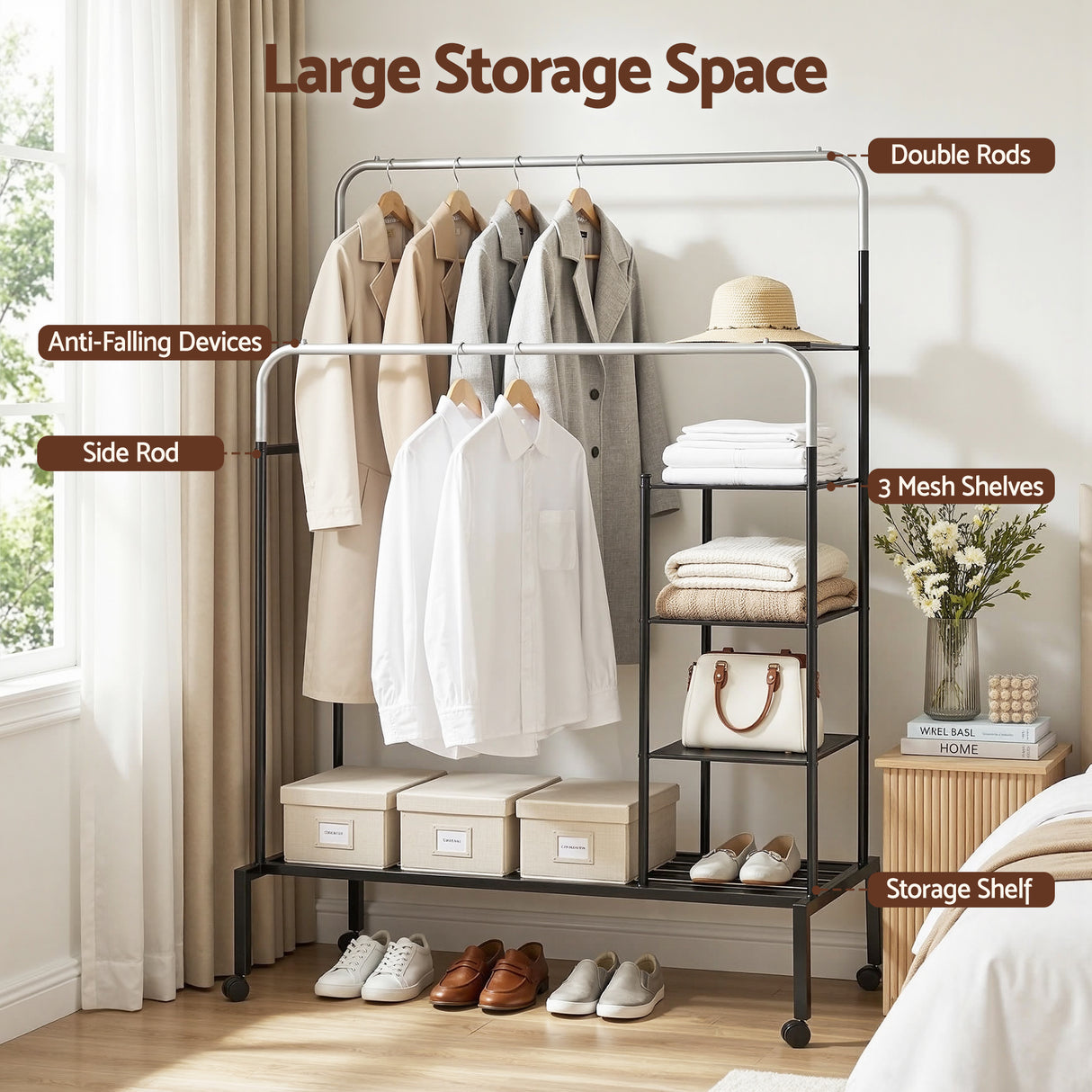 Portarlington Double Rod Clothes Rack, Silver and Black