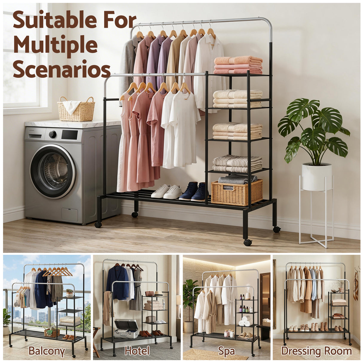 Portarlington Double Rod Clothes Rack, Silver and Black