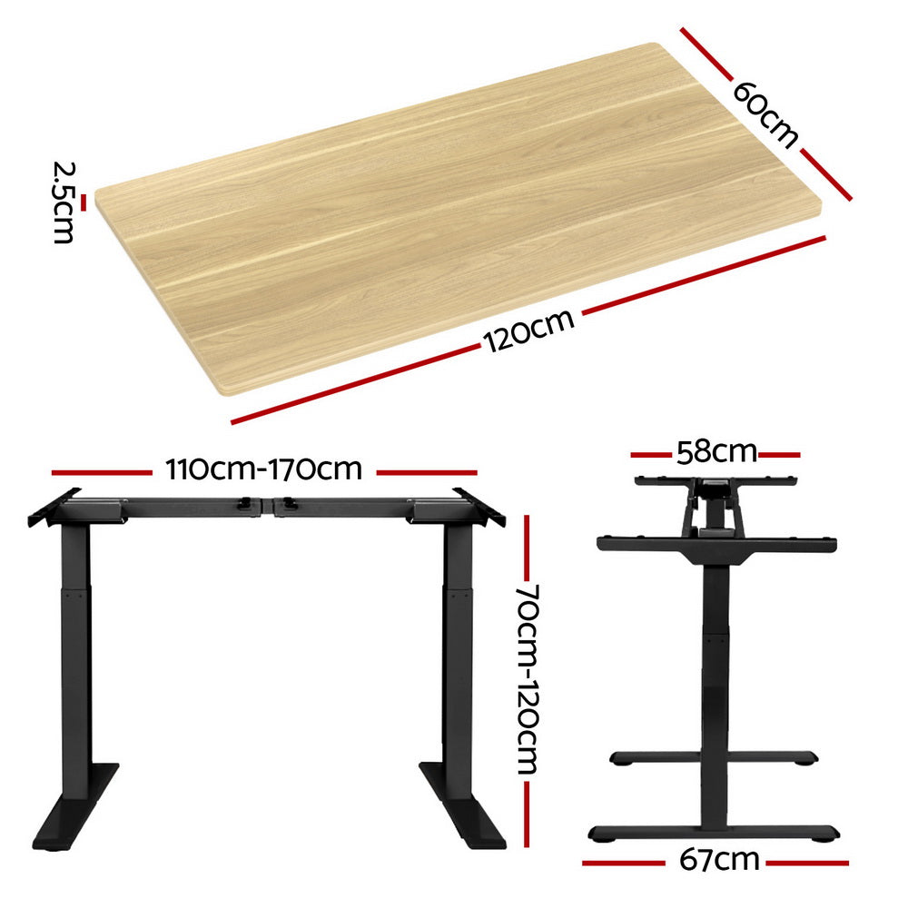 Manuka oak electric standing desk with black frame in a home office