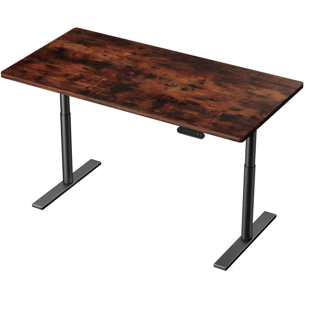 Braddon rustic brown electric standing desk with black frame in a home office
