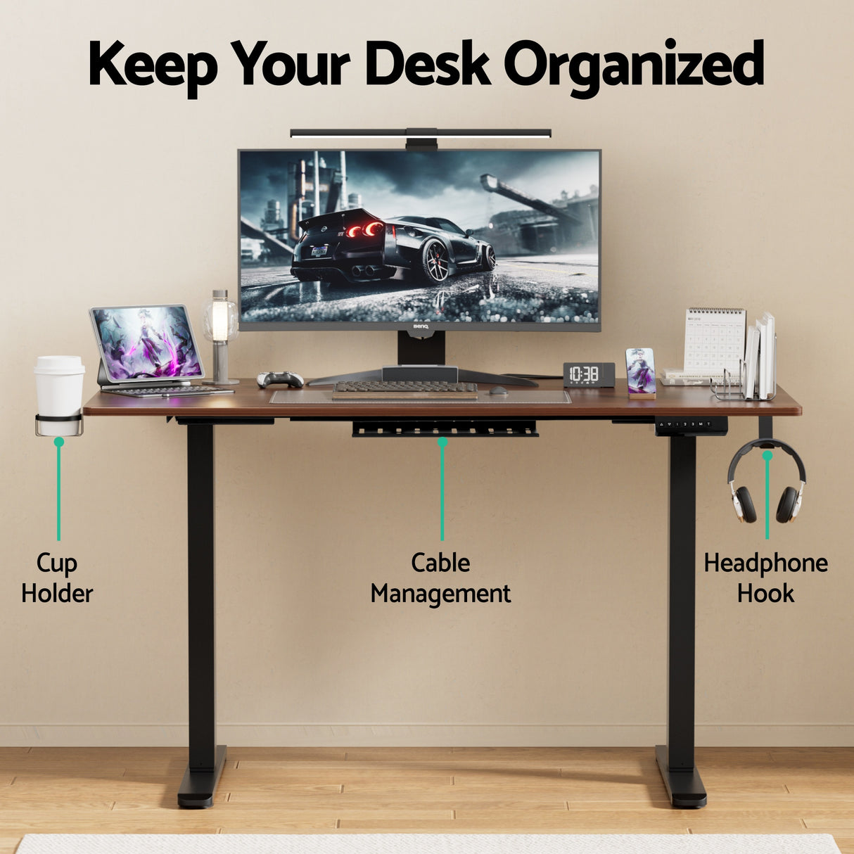 Curtin walnut standing desk in a home office