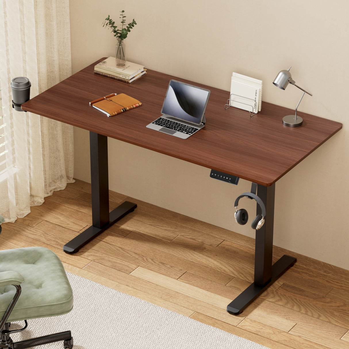 Curtin walnut standing desk in a home office