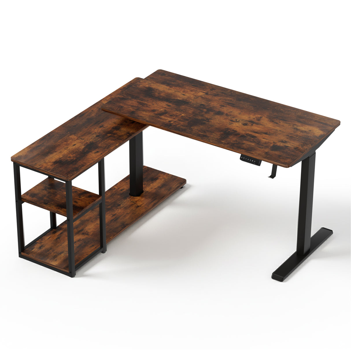 Forrest rustic brown L shaped corner electric standing desk in a home office