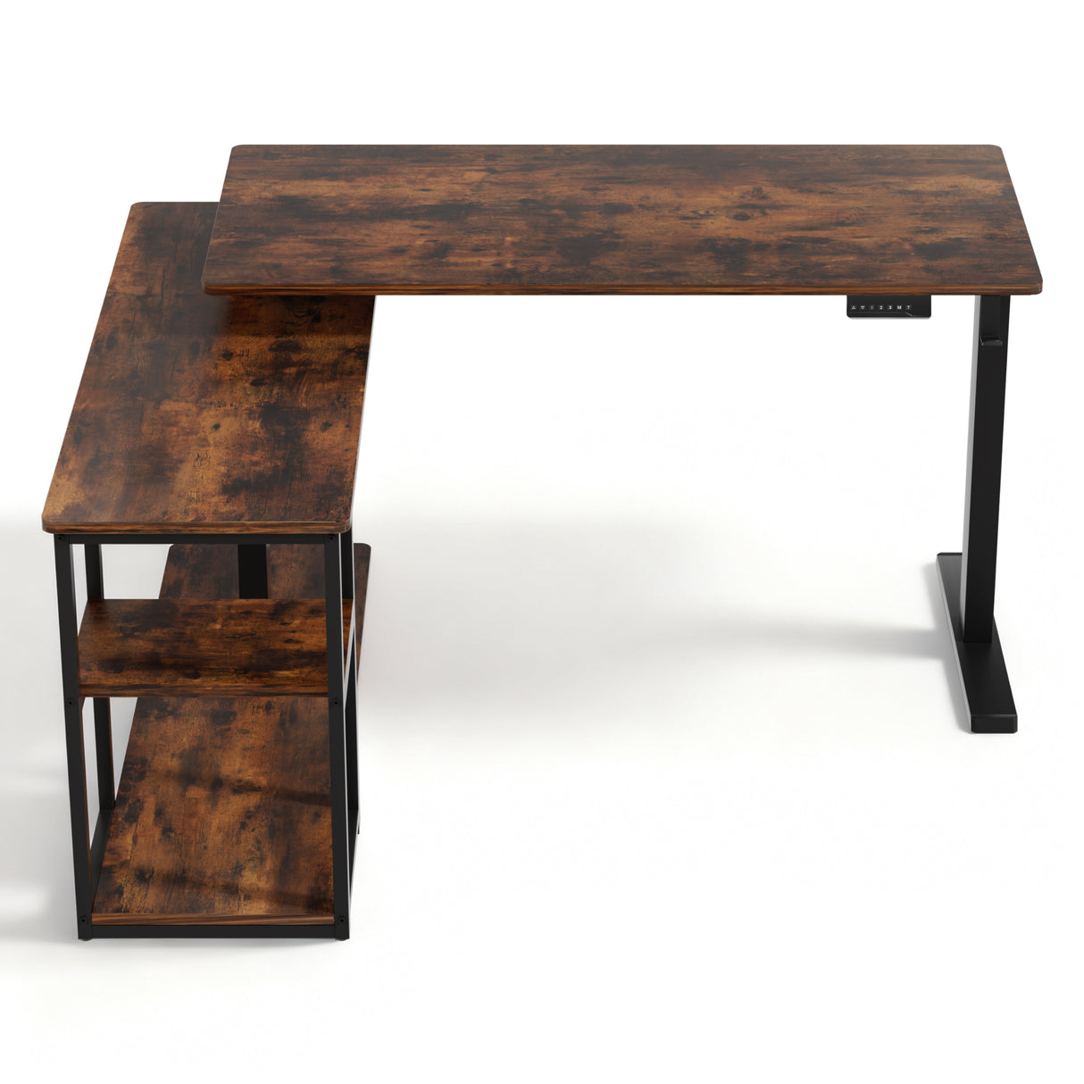 Forrest rustic brown L shaped corner electric standing desk in a home office