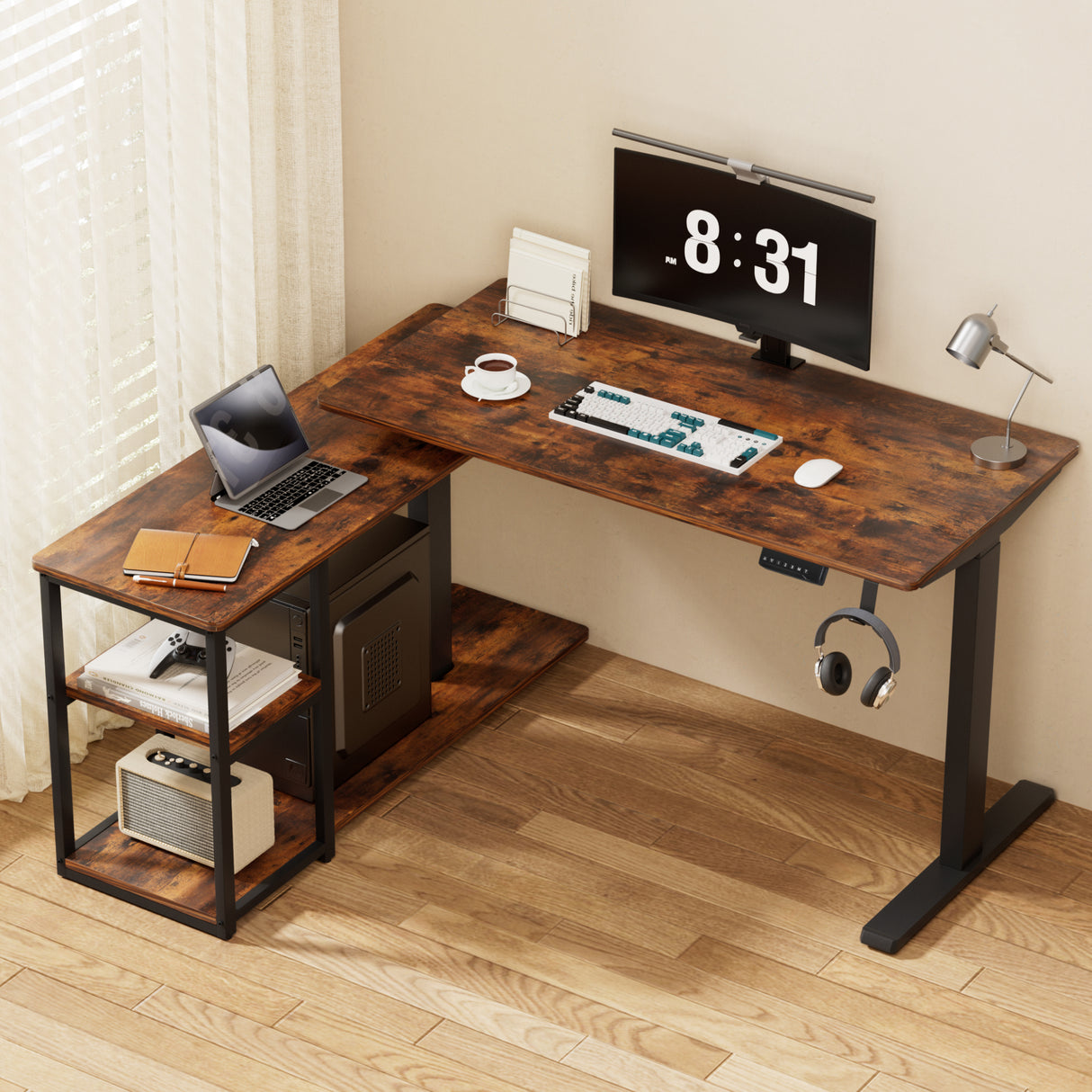 Forrest rustic brown L shaped corner electric standing desk in a home office