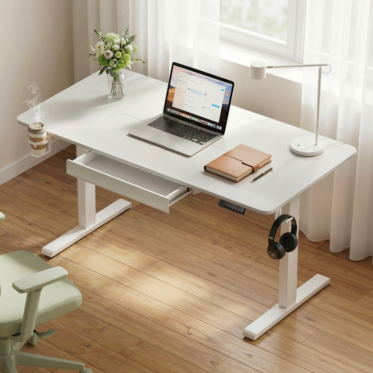 Yarralumla white electric standing desk with drawer in a home office