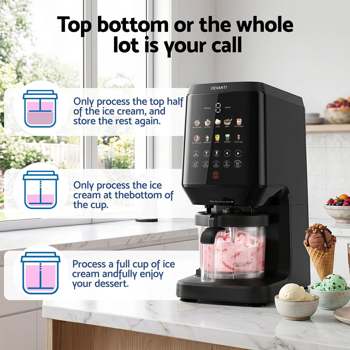 Close up of the LED touch screen showing dessert preset options