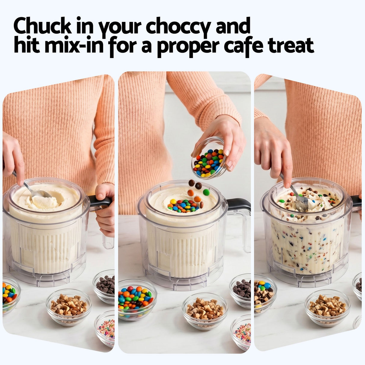 Mix In mode folding chocolate chips through homemade ice cream