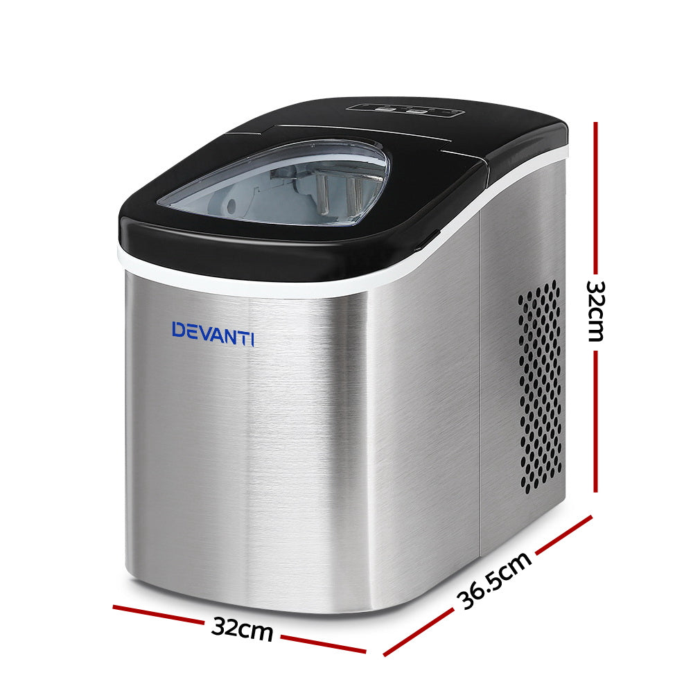 Portable countertop ice maker shown at an angle in silver stainless steel