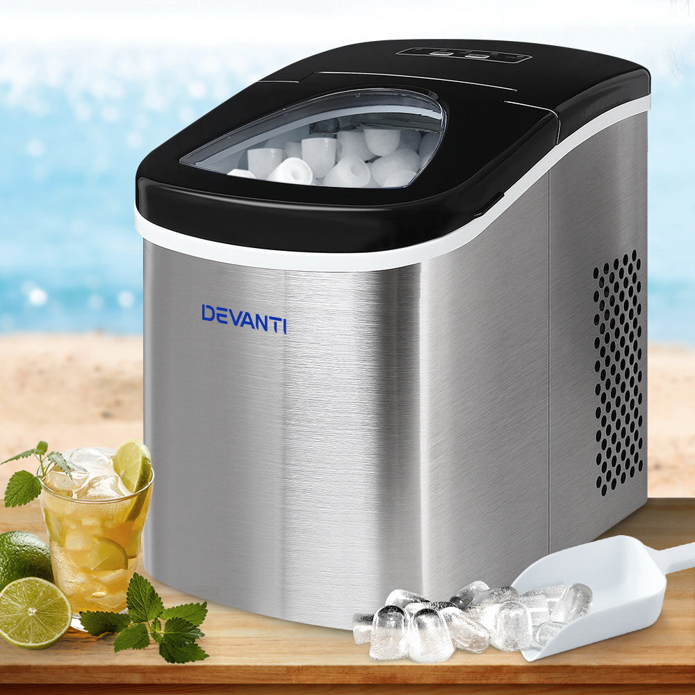 Stainless steel portable ice maker in silver, front view with viewing window