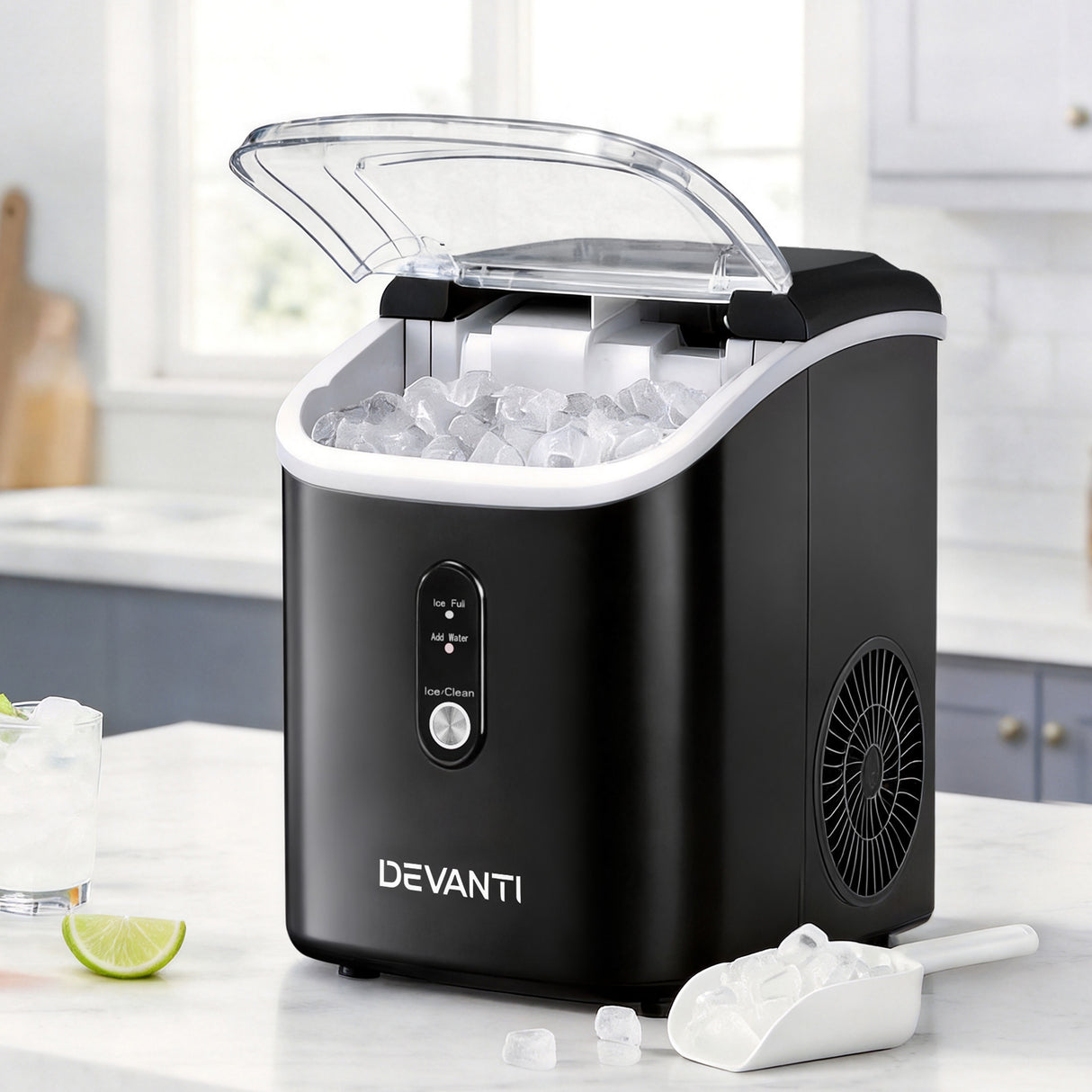 Black nugget ice maker making up to 15 kg of soft chewable ice per day