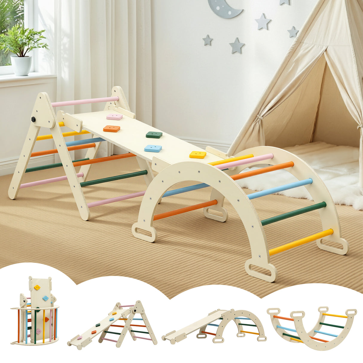 Wooden 3 in 1 climbing triangle set with slide and arch