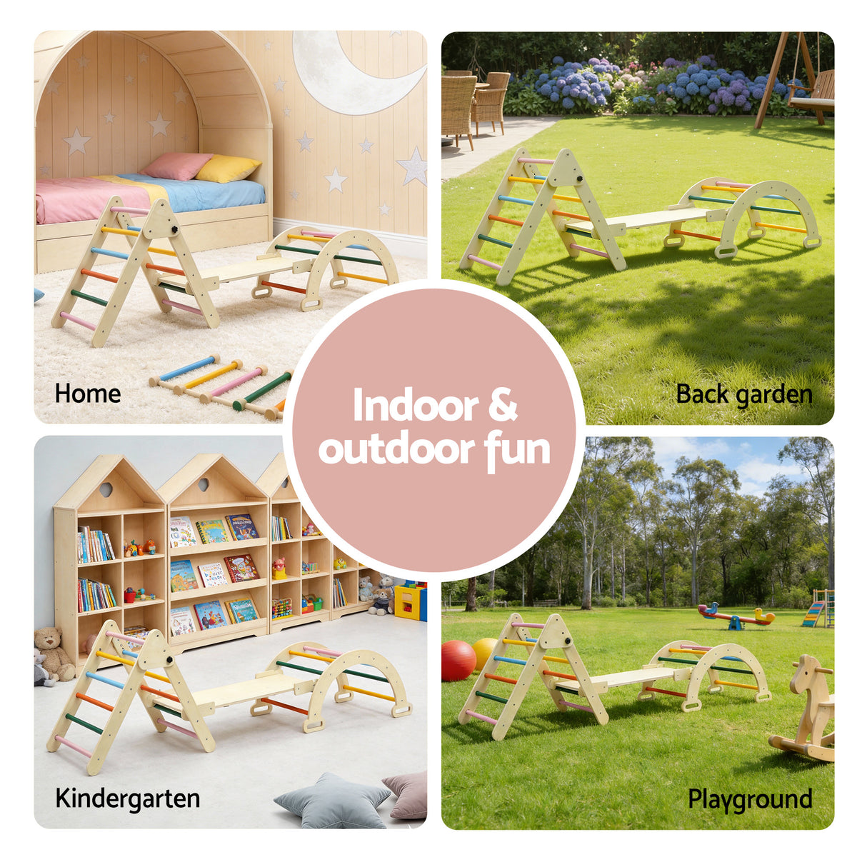 Wooden climbing set colourful bars detail