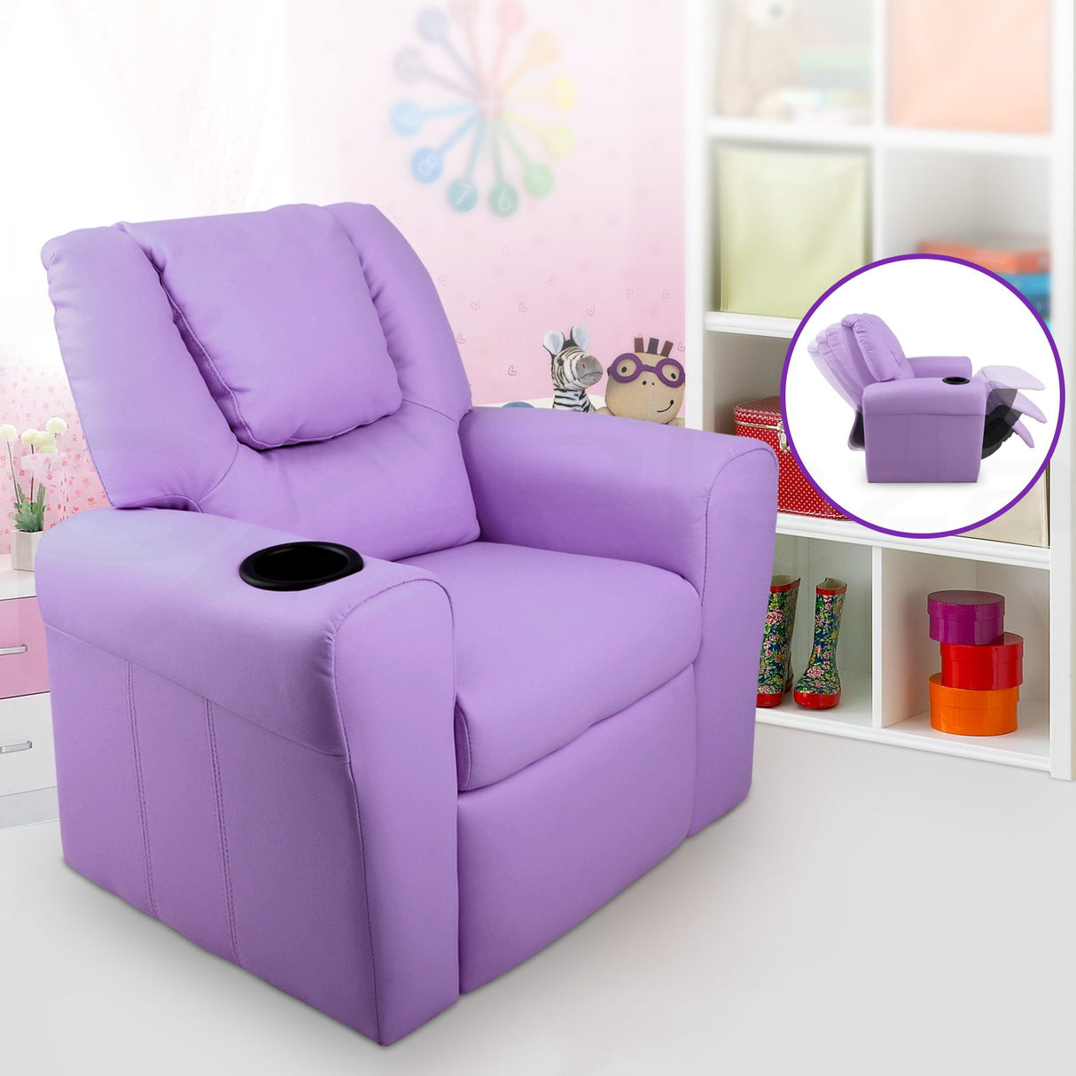 Keezi Kids Recliner Chair — PU Leather, 9cm Cushioning, Purple — Allure Home Collections