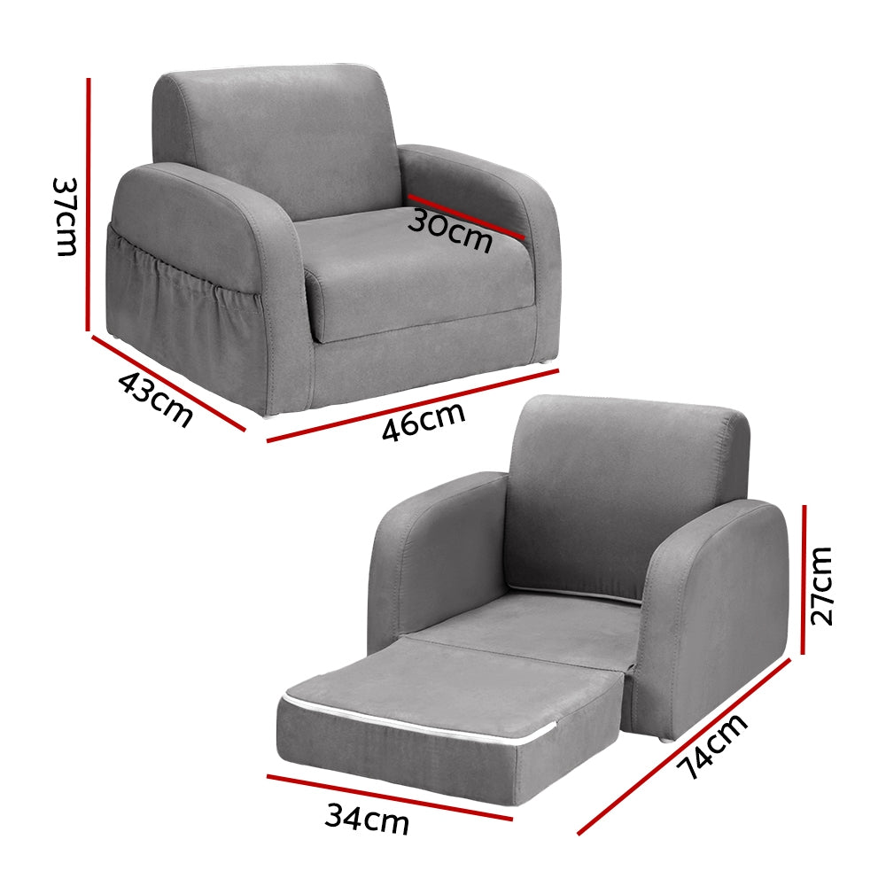 Kids single seater flip open sofa and lounger in grey