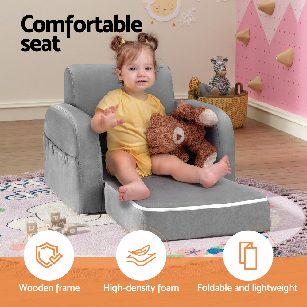 Kids single seater flip open sofa and lounger in grey
