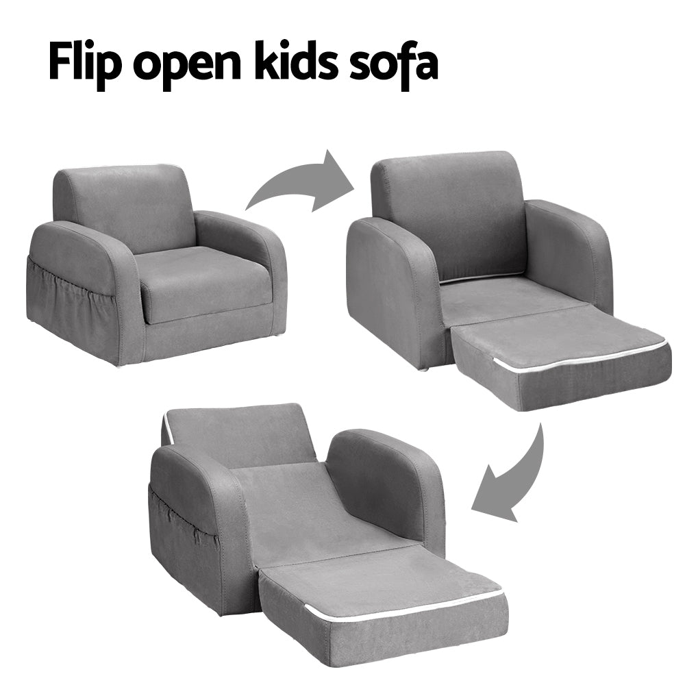 Kids single seater flip open sofa and lounger in grey