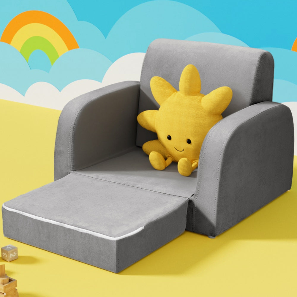 Kids single seater flip open sofa and lounger in grey