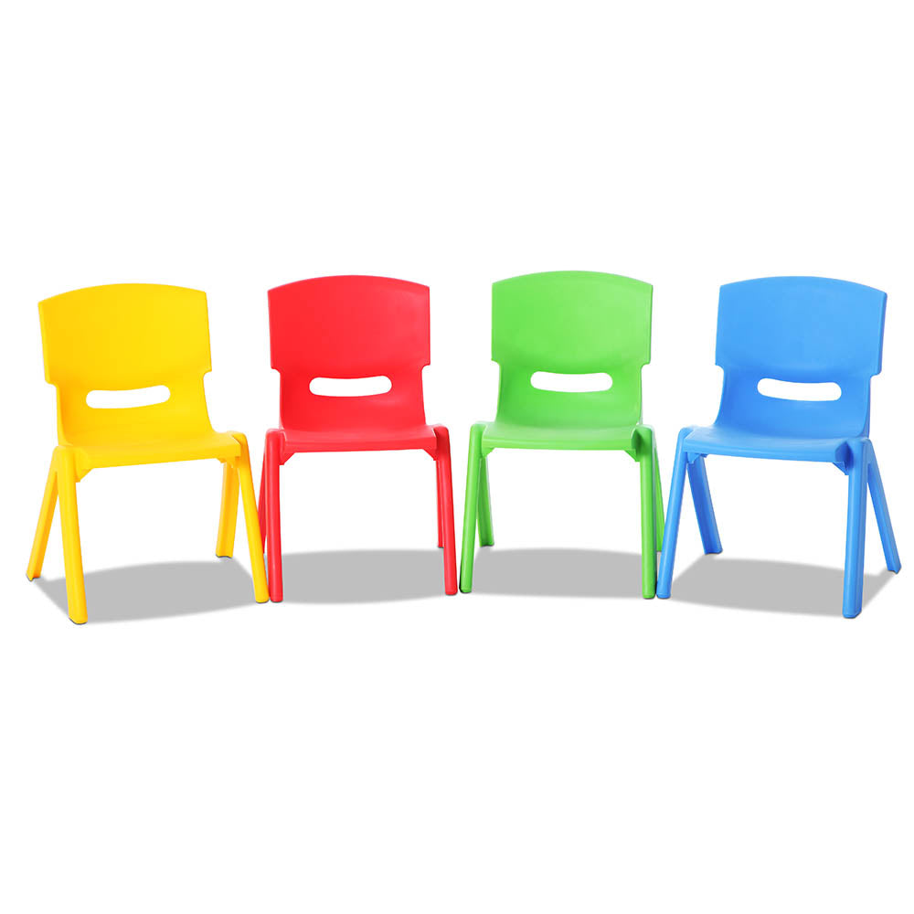 Children seated on colourful kids plastic chairs
