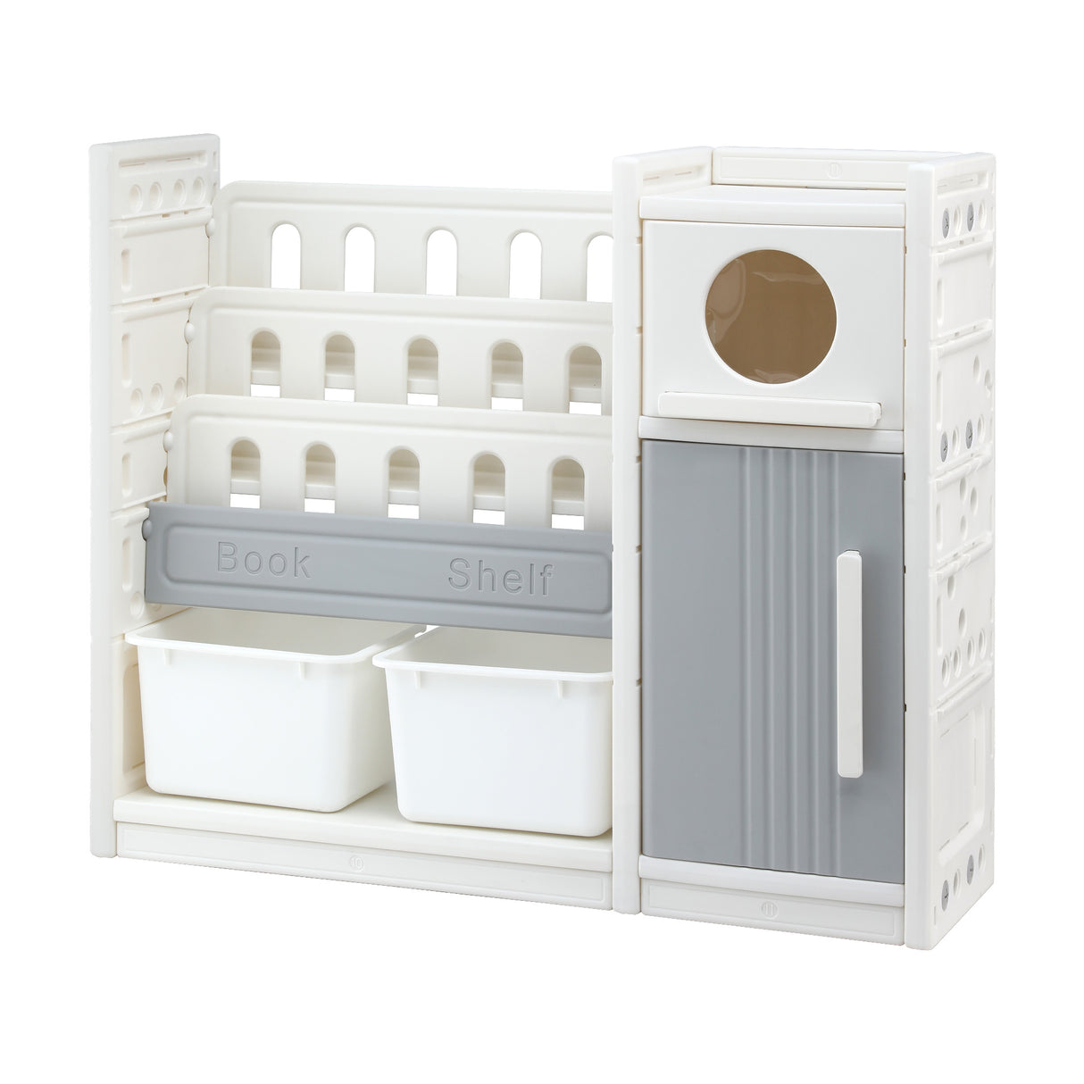 White and grey kids bookshelf with three open shelves, two toy bins and two cabinets
