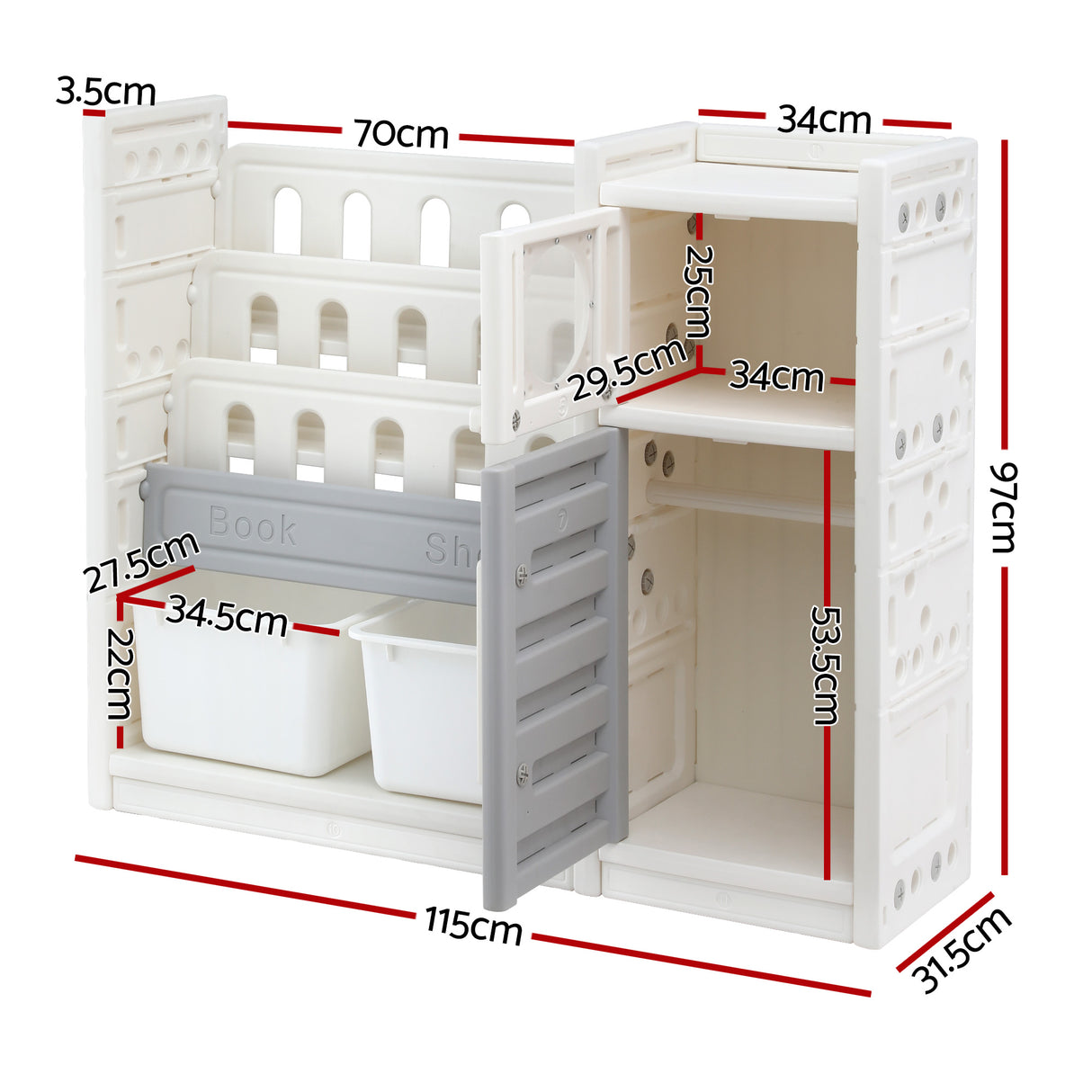 White and grey kids bookshelf with three open shelves, two toy bins and two cabinets