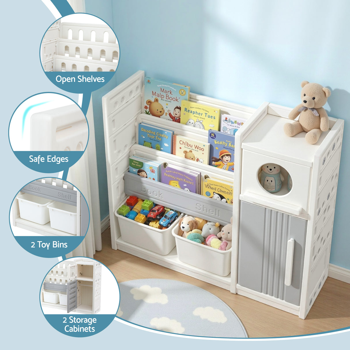 White and grey kids bookshelf with three open shelves, two toy bins and two cabinets