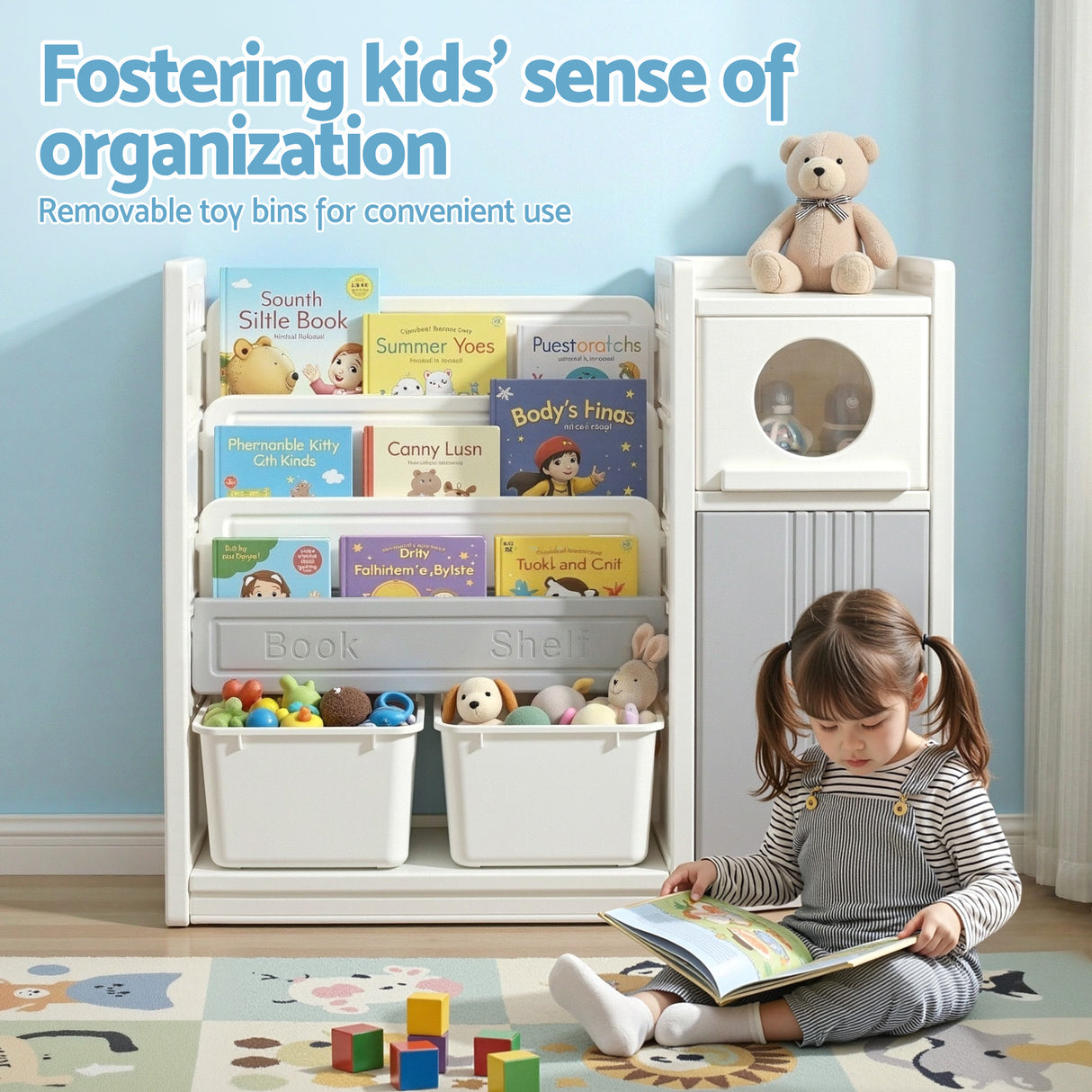 White and grey kids bookshelf with three open shelves, two toy bins and two cabinets