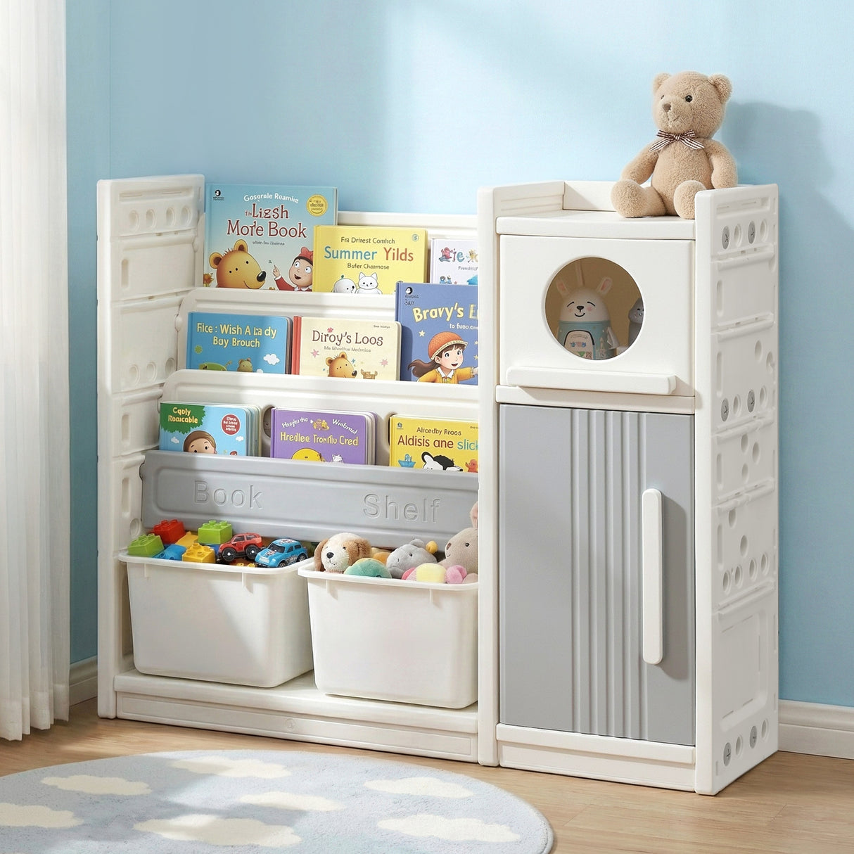 White and grey kids bookshelf with three open shelves, two toy bins and two cabinets